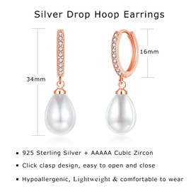 Loutade Rose Gold Drop Hoop Earrings for Women, 925 Sterling Silver Hoop Earrings with Pearl Dangle, Small Cartilage Sleeper Rose Gold Pearl Dangle Huggie Earrings Jewelry for Birthday Mother Day