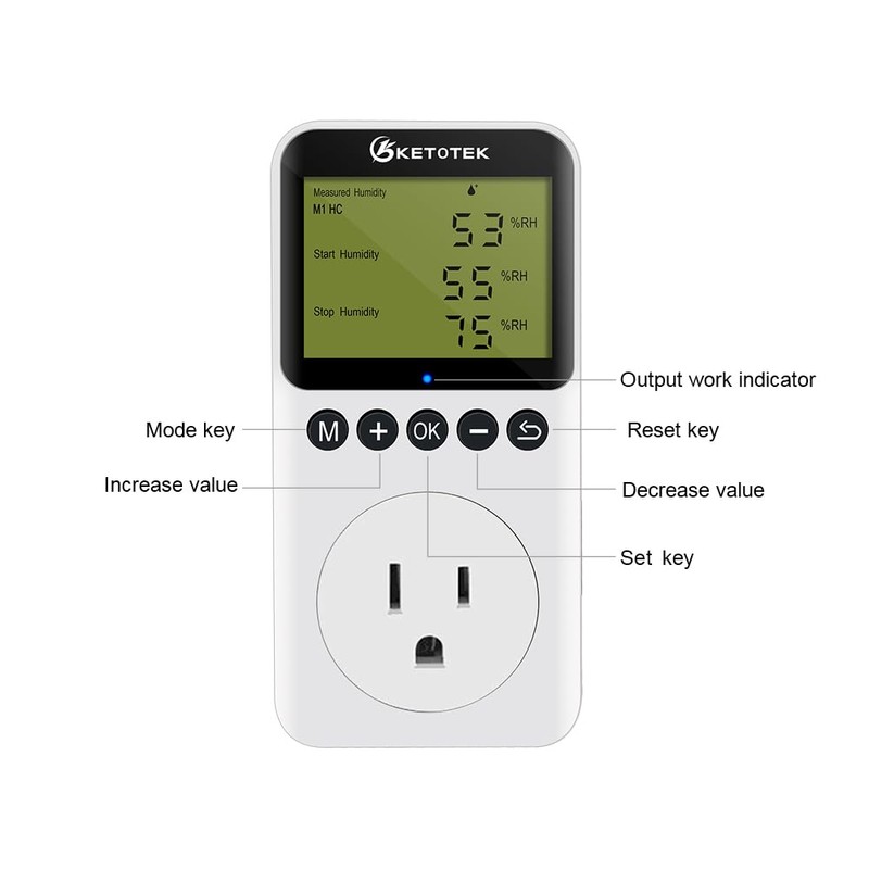 KETOTEK Digital Humidity Controller Outlet Plug with Sensor Probe, 120V
