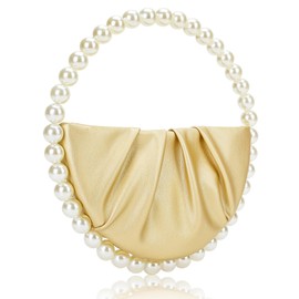 CARIEDO Pearl Soft Face Pleated Handbag Advanced Evening Bag Party Prom Bride Purse Phone Clutch Purse (Gold)
