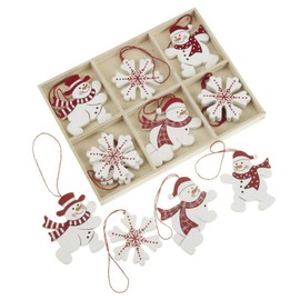 Heaven Sends Snowman and Snowflake Wooden X'mas Tree Decorations - Set of 12