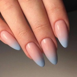 MISUD Press on Nails Medium Almond Fake Nails Glossy Glue on Nails Blue Gradient Acrylic Nails Stiletto Artificial Nails Ombre False Nails with Design 24 pcs