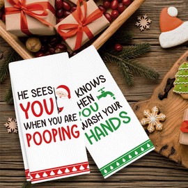 RZQIJ Red and Green Santa Towels Dish Towels Dishcloth, Funny Winter Christmas Holiday Decor for Kitchen Bathroom Home, 16 x 24 Farmhouse Decoration Hand Towels Set of 2. (065)