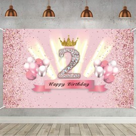 2nd Birthday Decorations Happy 2nd Birthday Backdrop for Girls Birthday Party Background Glitter Rosegold Party Banner with Crown Element Kids Photo Studio Props 2 Years Old Birthday Party Supplies