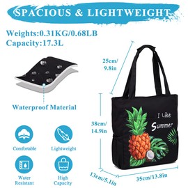 Beach Bag for Women,VASCHY Lightweight Large Water Resistant Sandproof Fold-able Packable Pool Tote Bag w Zipper/Pockets for Vacation Black Pineapple