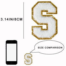 4 PCS Letter Patches, Gold Glitters Patches & white Chenille, Decorative Repair Embroidered Patches Sew On Patches for Clothing Repairing Hats Shirts Shoes Jeans Bags letter S