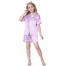 Schbbbta Silk Pajama Sets Girls Satin Sleepwear Summer 3 Pieces Button Down Nightwear, Light Purple, 9-10 Years = Tag 150