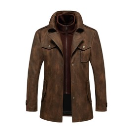 INVACHI Men's Leather Trench Coat Waterproof PU Windbreaker Jacket with Detachable Collar Overcoat