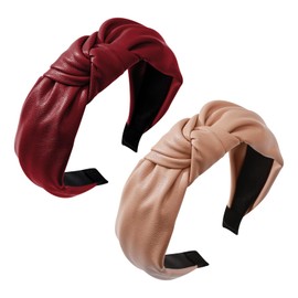 Yonchic 2-Piece Leather Knotted Headbands for Women & Girls, Top Knot Solid Color Non Slip Headband, Wide Trendy Head Band Hair Accessories (Red & Pink)
