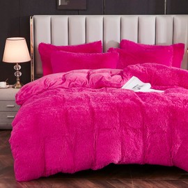 Yaoshuho Plush Fluffy Duvet Cover Twin Size Luxury Ultra Soft Shaggy Duvet Cover Set Faux Fur Comforter Bedding Set(1 Duvet Cover + 1 Pillow Shams), Hot Pink