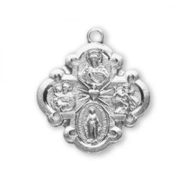 HMH Religious Sterling Silver 4-Way 0.9" Cross, Sacred Heart Ctr, 24" Chain, Gift Box, US Made