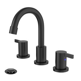 Phiestina 8 Inch 3-Hole Matte Black Widespread Bathroom Sink Faucet with Valve and Metal Pop-Up Drain Assembly, 2-Handle Low-Arch Bathroom Faucets Three Hole, WF15-1-MB