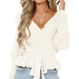 ZESICA Women's Fall Wrap V Neck Long Batwing Sleeve Belted Waist Ruffle Knitted Sweater Pullover Top,Ivory,Small