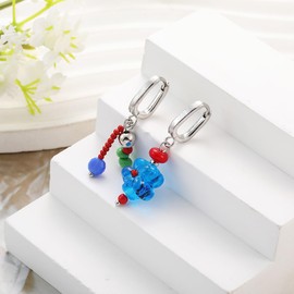 Flower Boho Earrings for Women Cute Vintage Elegant Enamel Bead String Dangle Colorful Asymmetrical Earrings (blue flower01)