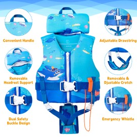 Kulahlik Toddler Swim Vest, Toddler Life Jacket 20-80 lbs Boys & Girls, Kids Floaties Swimming Jackets for 1 2 3 4 5 6 7 Years with Detchable Head Support &Grab Handle