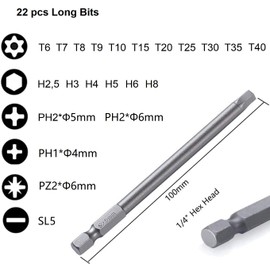 YUHIAKE 22-Piece Bit Set Long with 1 Piece 1/4 Inch Bit Hand Holder, Magnetic Screwdriver Bit Set, Long, Torx Bit T6-T40, Hex Bit H2.5-H8, PH1, PH2, PZ2, Slotted Bit, Length 100 mm