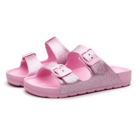 EasyStar Boys and Girls Adjustable Strap EVA Slipper Sandal, Pink(glitter), 4 US Big Kid