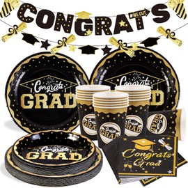 EASY JOY 70PC Graduation 2024 Decor - Black & Gold Tableware for 16 People