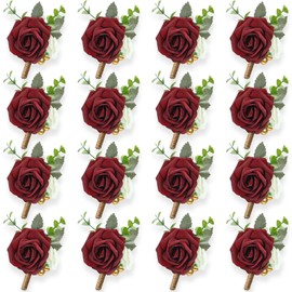 15 Pcs Burgundy Boutonniere for Men Rose Boutonnieres Wedding Boutonniere with Pin Groom Groomsmen Boutonniere Buttonholes Man Suit Corsage for Vintage Wedding Ceremony Anniversary Dinner (Wine Red)