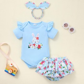 Miyanuby Baby Girl Easter Outfit Bunny Print Short Sleeve Romper Elastic Waist Shorts with Headband 3Pcs Clothes Set Blue