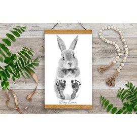 Memory Lane Gifts Co. Baby Footprint Art, Baby Shower Gift, Original Artwork, Nursery Art Keepsake, Bunny (Sketch, Teak)