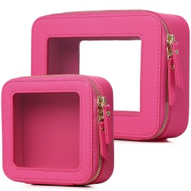 LOFOWN Clear Makeup Bag Set Travel Cosmetic Bag and Toiletry Bag Women's Purse Pouch Cosmetic Stroage Organizer Case with Zipper Car Essentials (Fuxia, M+Mini)