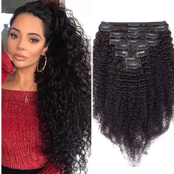 Silk-co Clip-In Real Hair Extensions, Kinky Curly Afro Double Wefts Hair Extension for Complete Hair Extensions, 8 Pieces, 18 Clips, 7A Real Human Hair, #Natural Black, 60 cm - 120 g