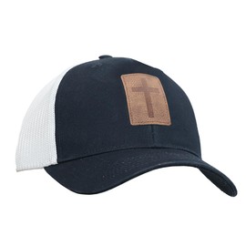 Kerusso - Debossed Leather Cross Patch - Cotton Front Polyester Mesh Back - Men's Mid-Rise Cap Hat - One Size Fits Most, Denim Blue