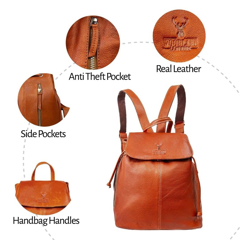 Woodland Leathers Genuine Leather anti theft backpack for women, Medium