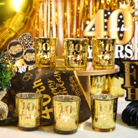 12pcs Black & Gold Votive Candles Holders - 40th Birthday Decorations for Men, Tea Lights Candle Holder Happy 40th Birthday Lights for Anniversary Decorations (Frosted Gold,12)