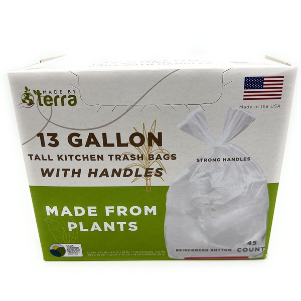 Sugar Cane Plant Made Tall Kitchen Trash Bags with HANDLES - Eco Certified, 13 Gallon Size, 45 Bags