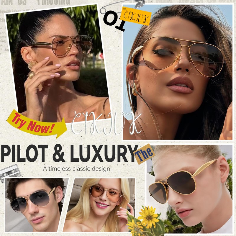 CIKJUK Oversized Pilot Sunglasses Womens Mens with Gold Streamline Metal