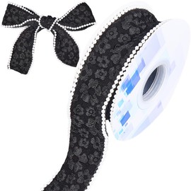CABODYALS 1.5 Inch Black Ribbon with Pearls Vintage Spring Floral Fishtail 3D Flower Pattern Pearl Edge Bead Chiffon Fabric Ribbons Trim Bulk Roll for Sewing Making Crafts Gift Wrapping Bouquets DIY