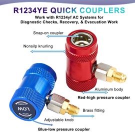 R1234yf Quick Couplers Adapter, High/Low Side R1234yf Manual Couplers Connector Adapters with 1/4" Male Port, Valve Core Remover, AC Hose Fitting Connectors for AC Refrigerants Manifold Gauge Set.