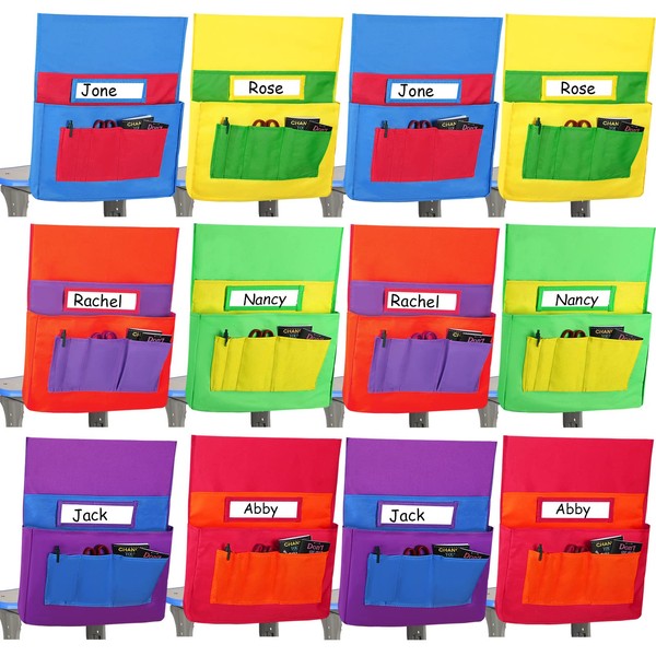 Chairback Pockets Chart, 6 Bright Color Seat Storage Organizer for Kids School Supplies with 6 Pockets Keeps Students Organized and Classrooms Neat, 15.5 x 18.5 Inch(12)