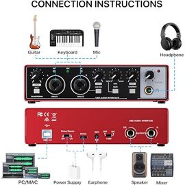 Interfaz de audio USB para PC, interfaz de audio para grabación de música, interfaz de audio roja para guitarra Mac 24Bit/192kHz para podcasting, tran