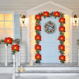 Mycznsyard Christmas Poinsettia Garland 14 FT with 20 LED Lights Battery Powered with Timer Festive Poinsettia String Lights for Holiday Christmas Fireplace Wedding Indoor Decorations（Warm White）