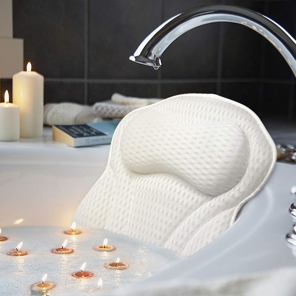 AmazeFan Luxury Bath Pillow, Ergonomic Bathtub Spa Pillow with 4D Air Mesh Technology and 6 Suction Cups, Helps Support Head, Back, Shoulder and Neck, Fits All Bathtub, Hot Tub and Home Spa(US Patent)