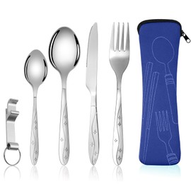 Vicloon Camping Cutlery, Pack of 6 Stainless Steel Cutlery, Travel Cutlery Camping with Fork, Spoon, Bottle Opener and Cutlery Bag, Stainless Steel Cutlery for Travel, Camping, Picnic (Dark Blue Star)