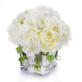 ENOVA HOME Artificial Silk Rose and Hydrangea Flowers Arrangements in Cube Glass Vase for Home Wedding (Cream)