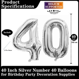 Silver 40 Number Balloons, 40 Inch Giant Number 40 Balloons Foil Mylar Helium Silver Number Balloons for 40th Birthday Party Supplies Anniversary Event Celebration Decorations