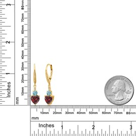 Gem Stone King 18K Yellow Gold Plated Silver Red Garnet Blue Zircon and White Lab Grown Diamond Drop Dangle Earrings For Women (3.63 Cttw, Heart Shape 7MM, Round 4MM)