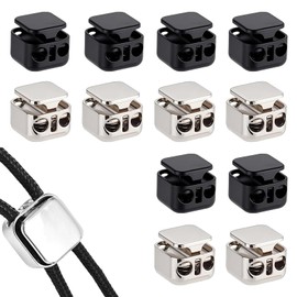 12 PCS Heavy Duty Drawstring Toggles, Metal Heavy Duty Cord Locks, Double Hole Cord Lock Stopper, for Hoodies, Bags, Pants, Shoelaces & Outdoor Gear(Black & Silver)