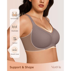 Vertvie Bras for Women No Underwire Wireless Support Bra Underarm-Smoothing Seamless Push Up Full Coverage T-Shirt Sports Bra(Grey,3X-Large Plus)