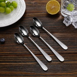 KEAWELL Premium Louise Hammered Long Handle Iced Tea Spoons: 4-Piece/8-Piece Set, 18/10 Stainless Steel, Long Teaspoons, Long Coffee Spoons, Brightly Mirror-Polished, Dishwasher Safe (4, 7.5 inches)