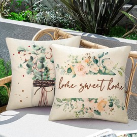 Cheekywares 4er Set Kissenbezüge Outdoor wasserdichte Sofakissen Frühling Sommer Leinen Wasserfest Kissenhülle 50x50cm Grün Eukalyptus Dekorative für Sofa Schlafzimmer Wohnzimmer Balkon