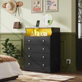 WLIVE Black LED Dresser for Bedroom, Tall Wood Dresser with 4 Drawers and Open Shelf, Chest of Drawers with Charging Station and LED Lights for Living Room, Hallway, Closet