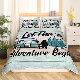 Homewish Camper Duvet Cover Set, Happy Camping Duvet Cover, Pine Tree Bear Silhouette Bed Linen Sets, 135 x 200 cm, Hand Drawing Style Bed Linen, Retro Farmhouse Decor, Microfibre Duvet Cover
