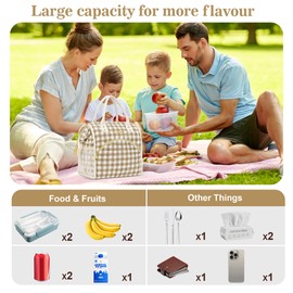 LOKASS Insulated Lunch Bag Women- Reusable 10 L Lunch Box for Women - Leakproof Tote Cooler Bag for Adults Work, Beach, Travel, Picnic （Brown&White Diamond Grid）