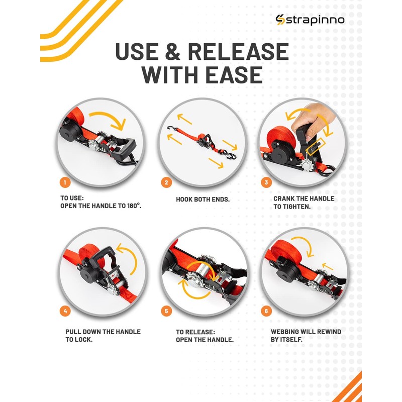 Strapinno Retractable Ratchet Straps - 1 in x 15 ft