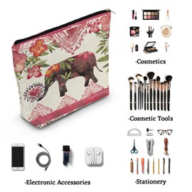 YULUENZE Floral Ethnic Elephant Pattern Elephant Canvas Makeup Bag Cute Small Organizer Bag with Zipper Elephants Toiletry Cosmetic Bag Birthday Presents for Elephant Lovers Women Friends